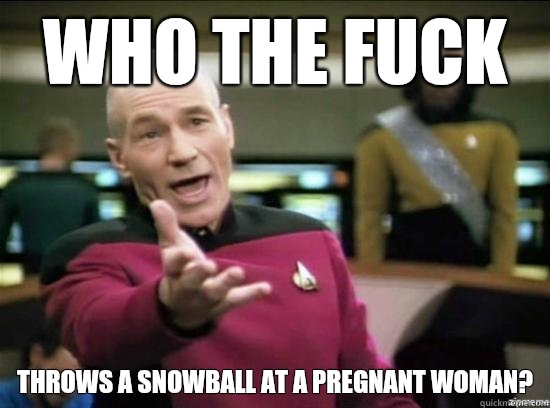 Who the fuck 
Throws a snowball at a pregnant woman?  Annoyed Picard HD