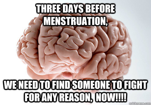 three days before menstruation,  we need to find someone to fight for any reason,  now!!!!  ScumbagBrain