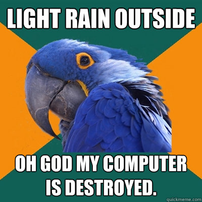 Light rain outside OH GOD MY COMPUTER IS DESTROYED.  Paranoid Parrot