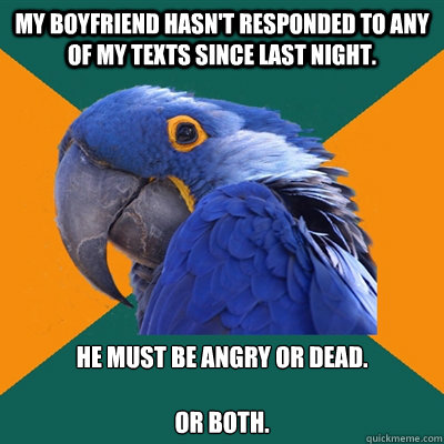 my boyfriend hasn't responded to any of my texts since last night.  he must be angry or dead.

or both.  Paranoid Parrot
