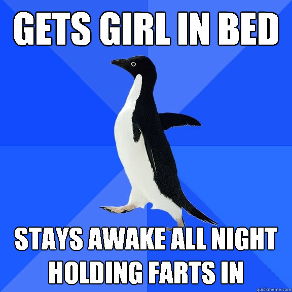 Gets girl in bed Stays awake all night holding farts in  Socially Awkward Penguin