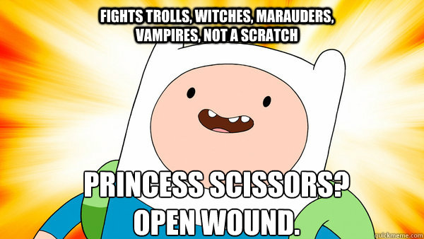 FIGHTS TROLLS, WITCHES, MARAUDERS, VAMPIRES, NOT A SCRATCH PRINCESS SCISSORS?
OPEN WOUND.  