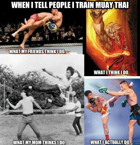 When I tell people i train Muay Thai What my friends think i do. What I think I do. what my mom thinks i do. What I actually do.  