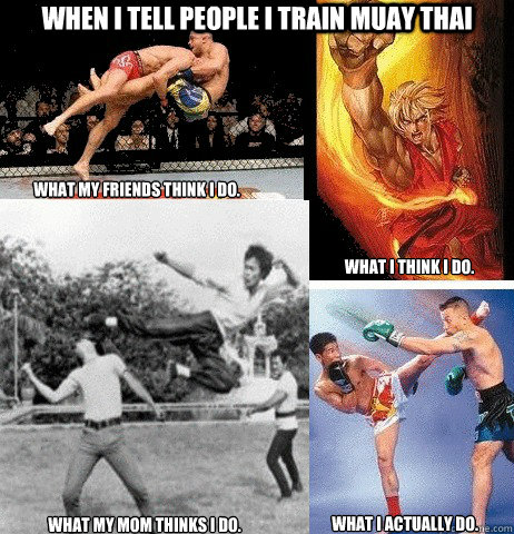 When I tell people i train Muay Thai What my friends think i do. What I think I do. what my mom thinks i do. What I actually do.  Muay Thai