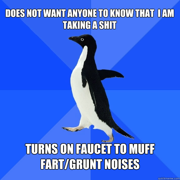 Does not want anyone to know that  I am taking a shit Turns on faucet to muff fart/grunt noises  Socially Awkward Penguin