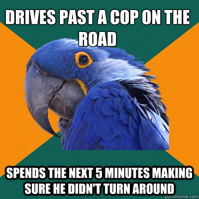 Drives past a cop on the road  Spends the next 5 minutes making sure he didn't turn around - Drives past a cop on the road  Spends the next 5 minutes making sure he didn't turn around  Paranoid Parrot