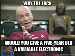 why the fuck would you give a five-year old a valuable electronic - why the fuck would you give a five-year old a valuable electronic  Annoyed Picard
