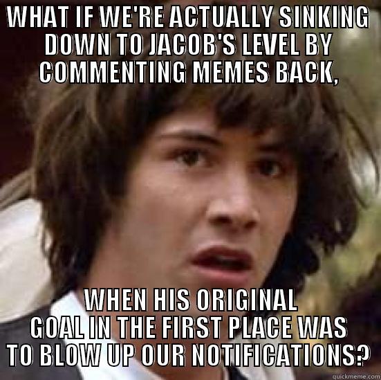WHAT IF WE'RE ACTUALLY SINKING DOWN TO JACOB'S LEVEL BY COMMENTING MEMES BACK,  WHEN HIS ORIGINAL GOAL IN THE FIRST PLACE WAS TO BLOW UP OUR NOTIFICATIONS? conspiracy keanu