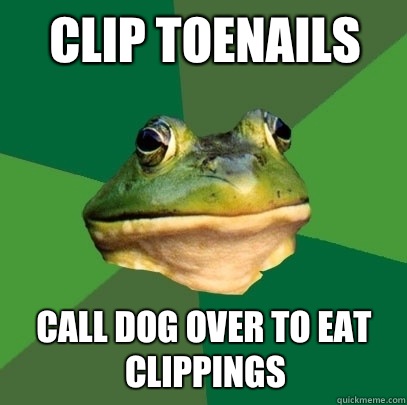 Clip toenails Call dog over to eat clippings  Foul Bachelor Frog