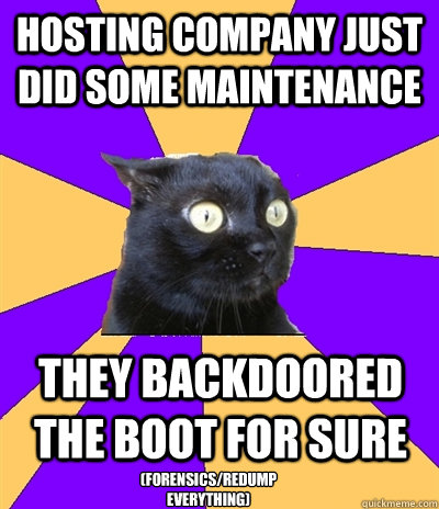 hosting company just did some maintenance they backdoored the boot for sure (forensics/redump everything)  Anxiety Cat
