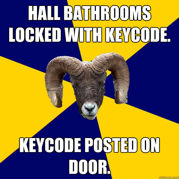 Hall bathrooms locked with keycode. Keycode posted on door.  Suffolk Kid Ram