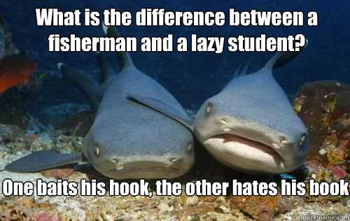 What is the difference between a fisherman and a lazy student? One baits his hook, the other hates his book  Compassionate Shark Friend