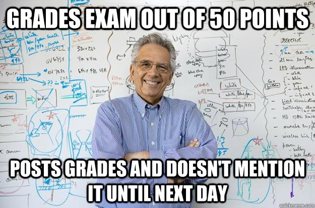 grades exam out of 50 points posts grades and doesn't mention it until next day  Engineering Professor