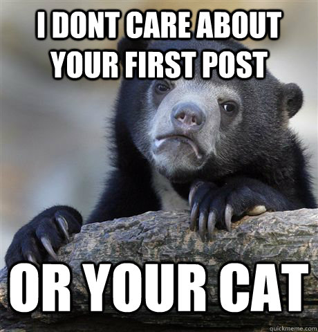 I DONT CARE ABOUT YOUR FIRST POST OR YOUR CAT  Confession Bear