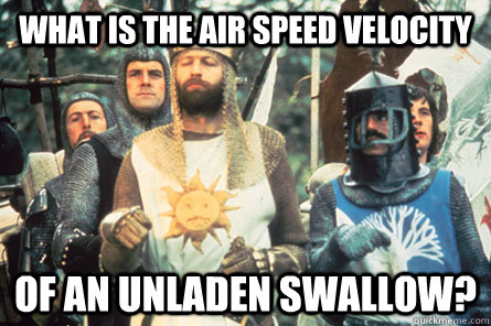 What is the air speed velocity of an unladen swallow? - What is the air speed velocity of an unladen swallow?  Monty Python
