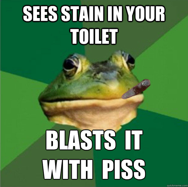 Sees stain in your toilet Blasts  it 
with  piss  Good Guy Foul Bachelor Frog