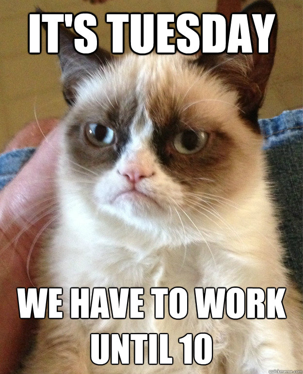 it's tuesday we have to work until 10 - it's tuesday we have to work until 10  Grumpy Cat