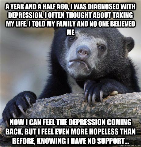 A year and a half ago, I was diagnosed with depression. I often thought about taking my life. I told my family and no one believed me Now I can feel the depression coming back, but I feel even more hopeless than before, knowing I have no support...  Confession Bear