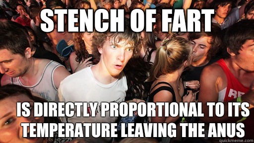 Stench of fart Is directly proportional to its temperature leaving the anus   Sudden Clarity Clarence
