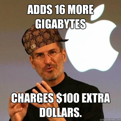 Adds 16 more gigabytes Charges $100 extra dollars.  Scumbag Steve Jobs