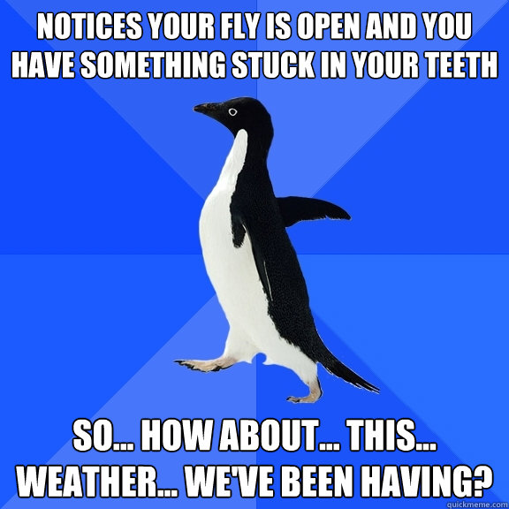 notices your fly is open and you have something stuck in your teeth so... how about... this... weather... we've been having?  Socially Awkward Penguin