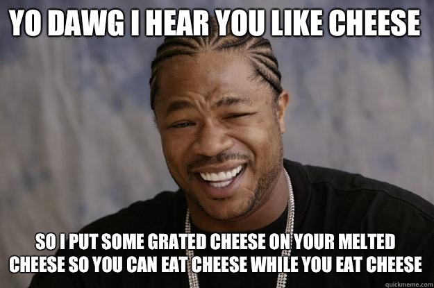 YO DAWG I HEAR YOU LIKE CHEESE so I put some grated cheese on your melted cheese so you can eat cheese while you eat cheese  Xzibit meme
