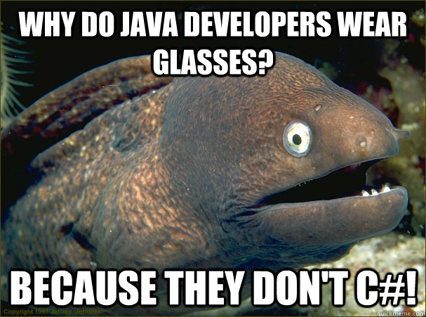 Why do java developers wear glasses? Because they don't C#! - Why do java developers wear glasses? Because they don't C#!  Bad Joke Eel