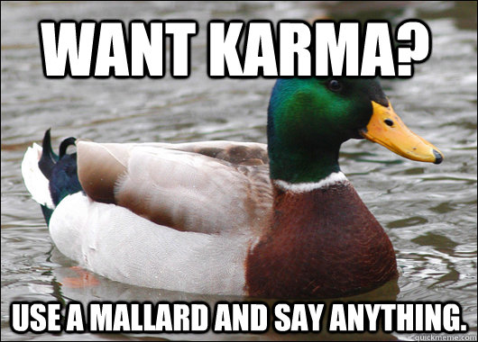 Want karma? use a mallard and say anything.  Actual Advice Mallard
