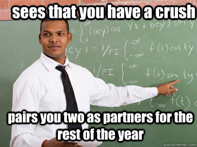 sees that you have a crush pairs you two as partners for the rest of the year - sees that you have a crush pairs you two as partners for the rest of the year  Good Guy Teacher