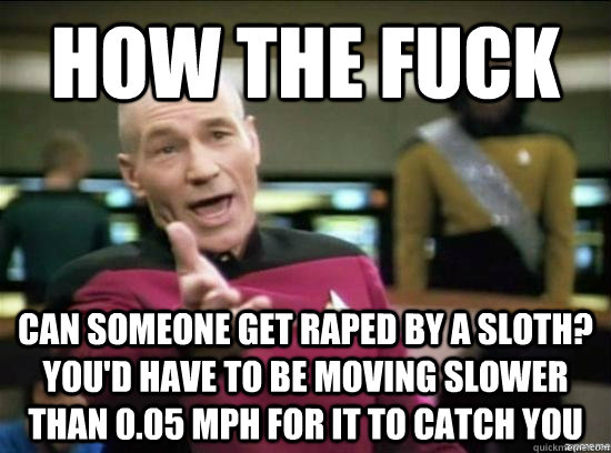 how the fuck can someone get raped by a sloth? you'd have to be moving slower than 0.05 MPH for it to catch you  Annoyed Picard HD