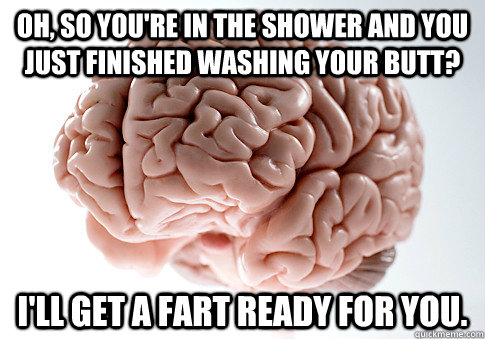 Oh, so you're in the shower and you just finished washing your butt? I'll get a fart ready for you.  Scumbag Brain