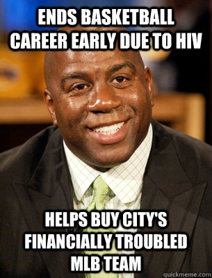 Ends basketball Career early due to HIV helps buy city's financially troubled MLB team  Magic Johnson