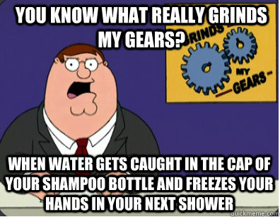 you know what really grinds my gears? When water gets caught in the cap of your shampoo bottle and freezes your hands in your next shower  Grinds my gears