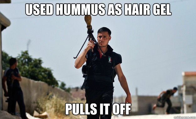 USED HUMMUS AS HAIR GEL PULLS IT OFF  Ridiculously Photogenic Syrian Soldier