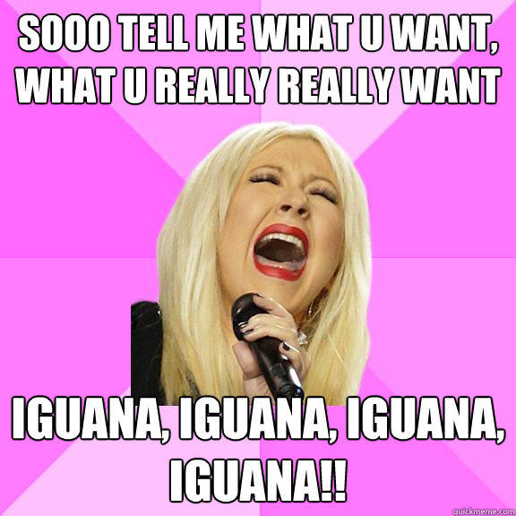 sooo tell me what u want, what u really really want iguana, iguana, iguana, iguana!! - sooo tell me what u want, what u really really want iguana, iguana, iguana, iguana!!  Wrong Lyrics Christina