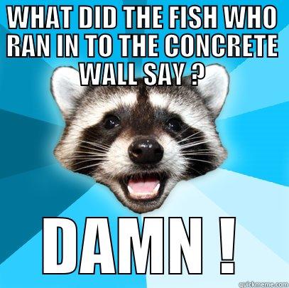WHAT DID THE FISH WHO RAN IN TO THE CONCRETE WALL SAY ? DAMN ! Lame Pun Coon