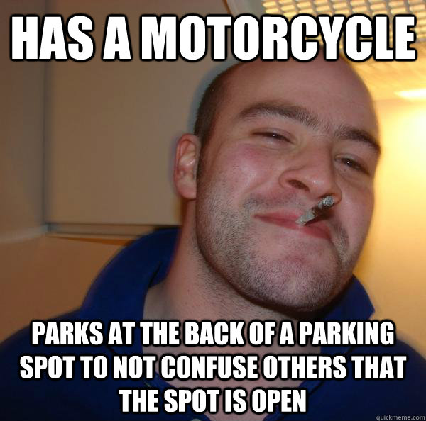 Has a motorcycle parks at the back of a parking spot to not confuse others that the spot is open - Has a motorcycle parks at the back of a parking spot to not confuse others that the spot is open  Misc