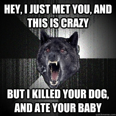 Hey, I just met you, and this is crazy But I killed your dog, and ate your baby - Hey, I just met you, and this is crazy But I killed your dog, and ate your baby  Gravestone - Insanity Wolf