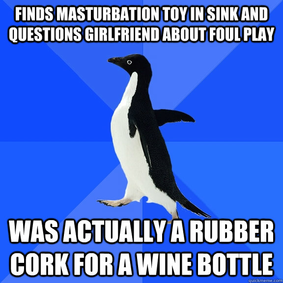 Finds masturbation toy in sink and questions girlfriend about foul play was actually a rubber cork for a wine bottle  Socially Awkward Penguin
