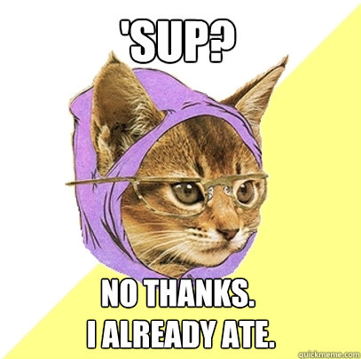 'Sup? No thanks.
 I already ate.  Hipster Kitty