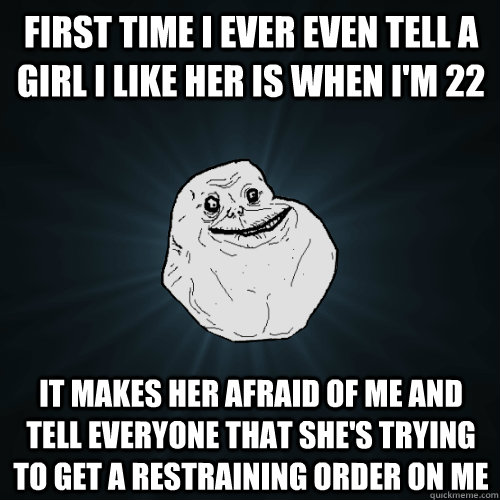 First time I ever even tell a girl I like her is when I'm 22 It makes her afraid of me and tell everyone that she's trying to get a restraining order on me - First time I ever even tell a girl I like her is when I'm 22 It makes her afraid of me and tell everyone that she's trying to get a restraining order on me  Forever Alone