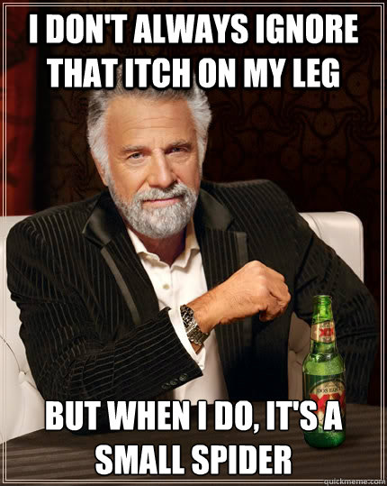 I don't always ignore that itch on my leg but when i do, it's a small spider  The Most Interesting Man In The World