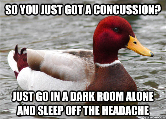 So you just got a concussion? just go in a dark room alone and sleep off the headache  Malicious Advice Mallard