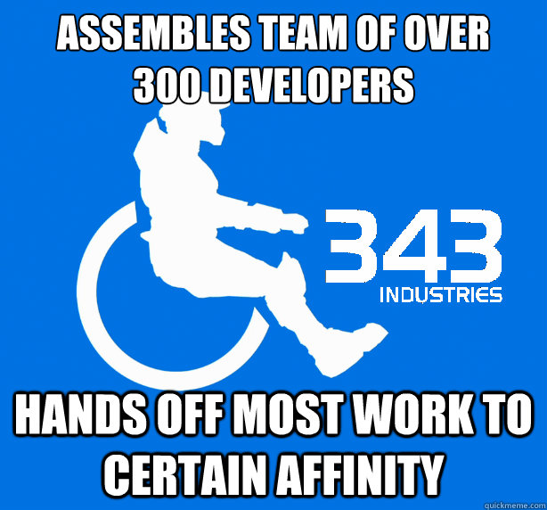Assembles team of over 
300 developers Hands off most work to Certain Affinity - Assembles team of over 
300 developers Hands off most work to Certain Affinity  343 Logic