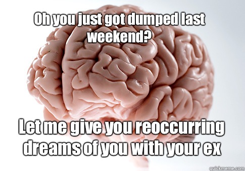 Oh you just got dumped last weekend? Let me give you reoccurring dreams of you with your ex   Scumbag Brain