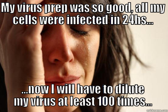 MY VIRUS PREP WAS SO GOOD, ALL MY CELLS WERE INFECTED IN 24HS... ...NOW I WILL HAVE TO DILUTE MY VIRUS AT LEAST 100 TIMES... First World Problems
