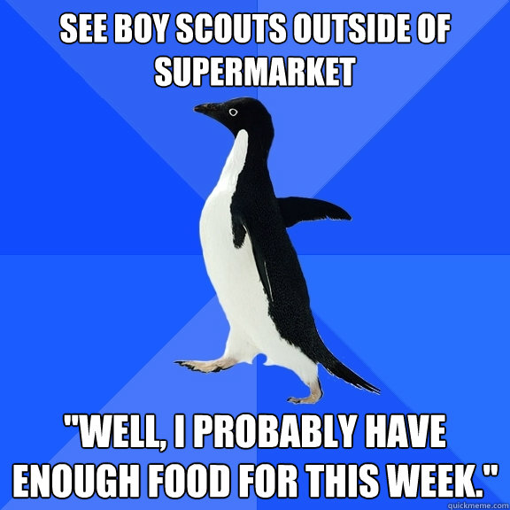 See boy scouts outside of supermarket 