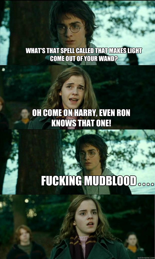 What's that spell called that makes light come out of your wand? Oh come on Harry, even Ron knows that one! fucking mudblood . . . .  Horny Harry