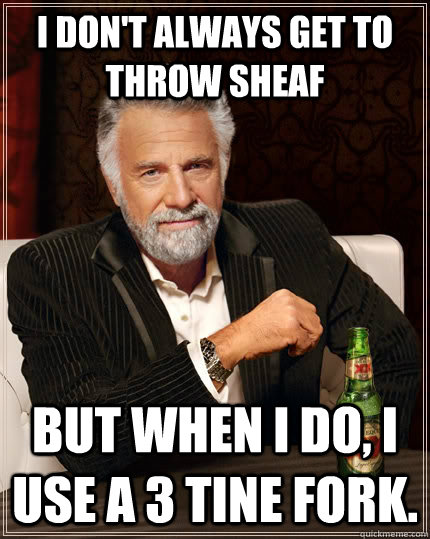 I don't always get to throw sheaf but when I do, I use a 3 tine fork.   The Most Interesting Man In The World