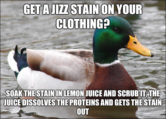 Get a jizz stain on your clothing? Soak the stain in lemon juice and scrub it, the juice dissolves the proteins and gets the stain out - Get a jizz stain on your clothing? Soak the stain in lemon juice and scrub it, the juice dissolves the proteins and gets the stain out  Actual Advice Mallard